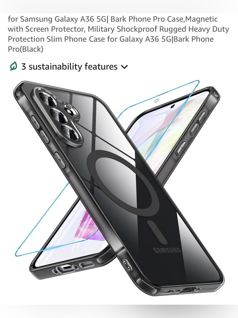 Samsung Galaxy A36 5G Black Clear Magnetic Ring Shockproof Case/Screen Protector
